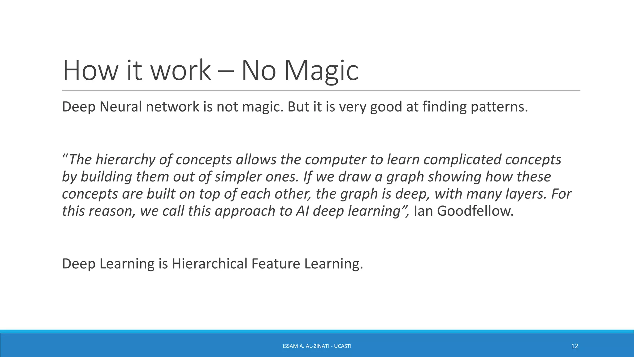 How it work – No Magic
Deep Neural network is not magic. But it is very good at finding patterns.
“The hierarchy of concepts allows the computer to learn complicated concepts
by building them out of simpler ones. If we draw a graph showing how these
concepts are built on top of each other, the graph is deep, with many layers. For
this reason, we call this approach to AI deep learning”, Ian Goodfellow.
Deep Learning is Hierarchical Feature Learning.
ISSAM A. AL-ZINATI - UCASTI 12
 