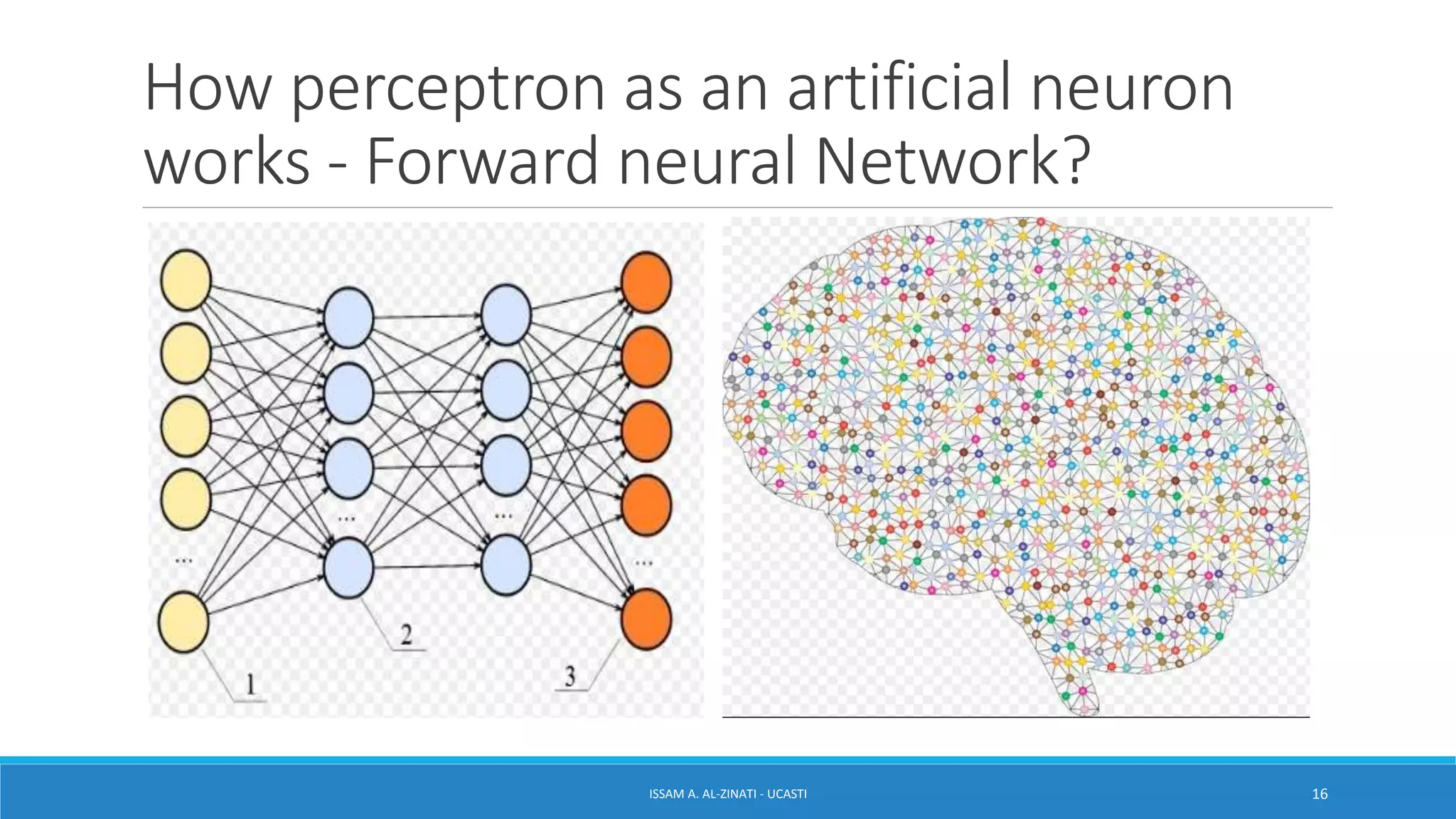 How perceptron as an artificial neuron
works - Forward neural Network?
ISSAM A. AL-ZINATI - UCASTI 16
 