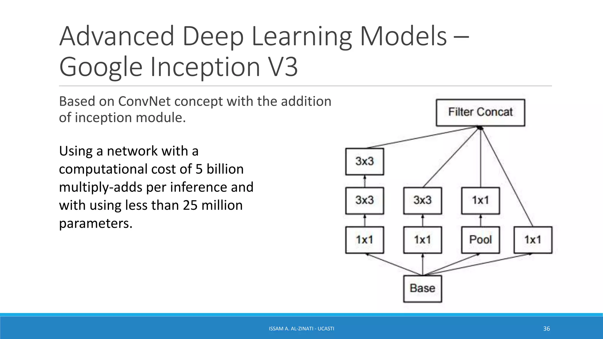 Advanced Deep Learning Models –
Google Inception V3
Based on ConvNet concept with the addition
of inception module.
ISSAM A. AL-ZINATI - UCASTI 36
Using a network with a
computational cost of 5 billion
multiply-adds per inference and
with using less than 25 million
parameters.
 