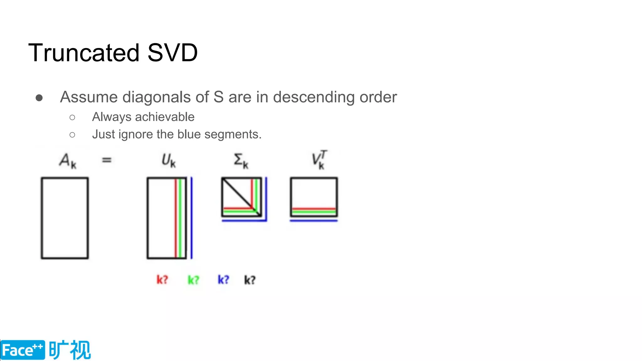 Truncated SVD
● Assume diagonals of S are in descending order
○ Always achievable
○ Just ignore the blue segments.
 