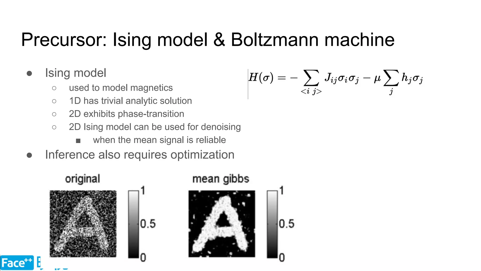 Precursor: Ising model & Boltzmann machine
● Ising model
○ used to model magnetics
○ 1D has trivial analytic solution
○ 2D exhibits phase-transition
○ 2D Ising model can be used for denoising
■ when the mean signal is reliable
● Inference also requires optimization
 
