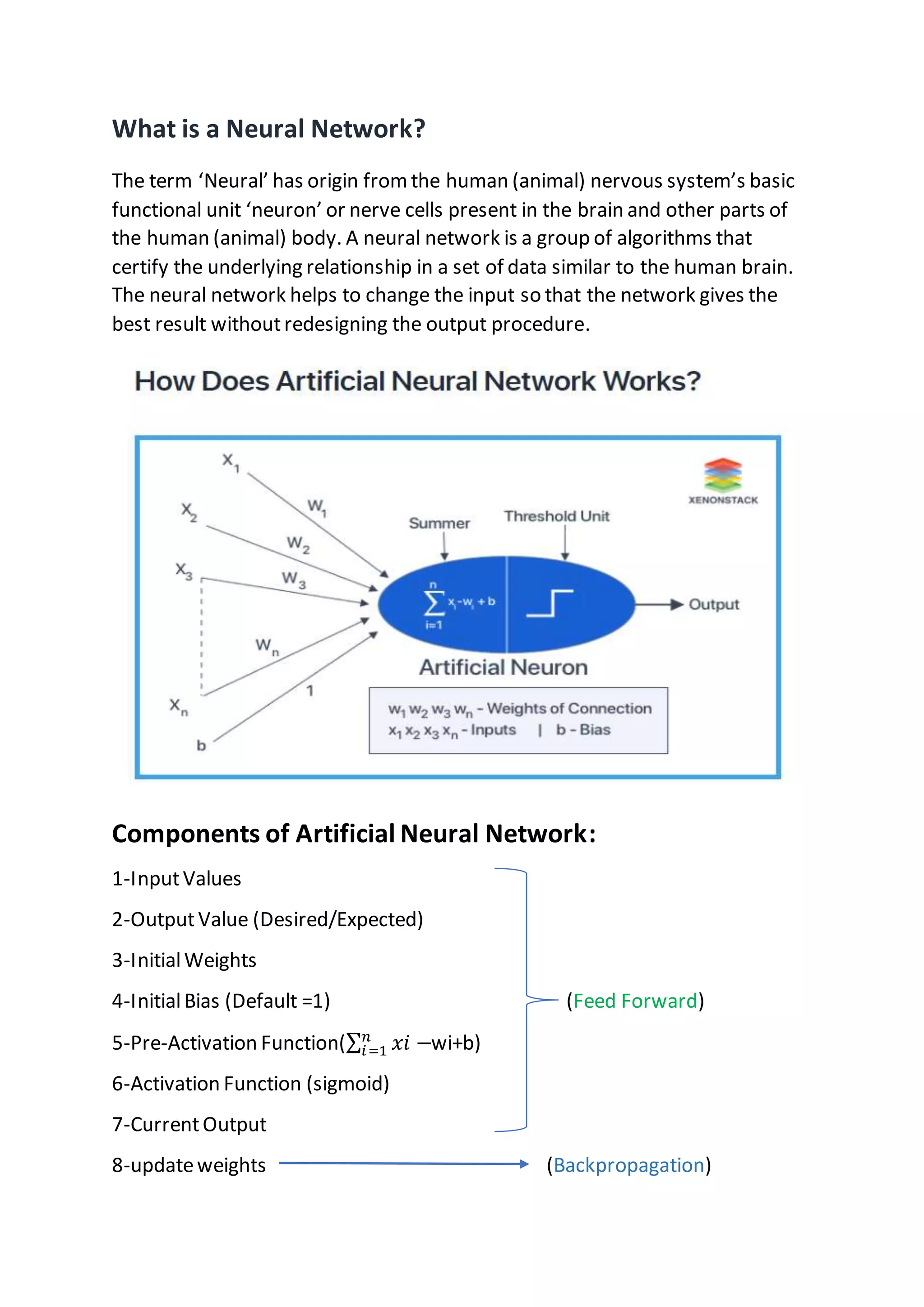 What is a Neural Network?
The term ‘Neural’ has origin from the human (animal) nervous system’s basic
functional unit ‘neuron’ or nerve cells present in the brain and other parts of
the human (animal) body. A neural network is a group of algorithms that
certify the underlying relationship in a set of data similar to the human brain.
The neural network helps to change the input so that the network gives the
best result withoutredesigning the output procedure.
Components of Artificial Neural Network:
1-InputValues
2-OutputValue (Desired/Expected)
3-InitialWeights
4-InitialBias (Default =1) (Feed Forward)
5-Pre-Activation Function(∑ 𝑥𝑖 −
𝑛
𝑖=1 wi+b)
6-Activation Function (sigmoid)
7-CurrentOutput
8-updateweights (Backpropagation)
 