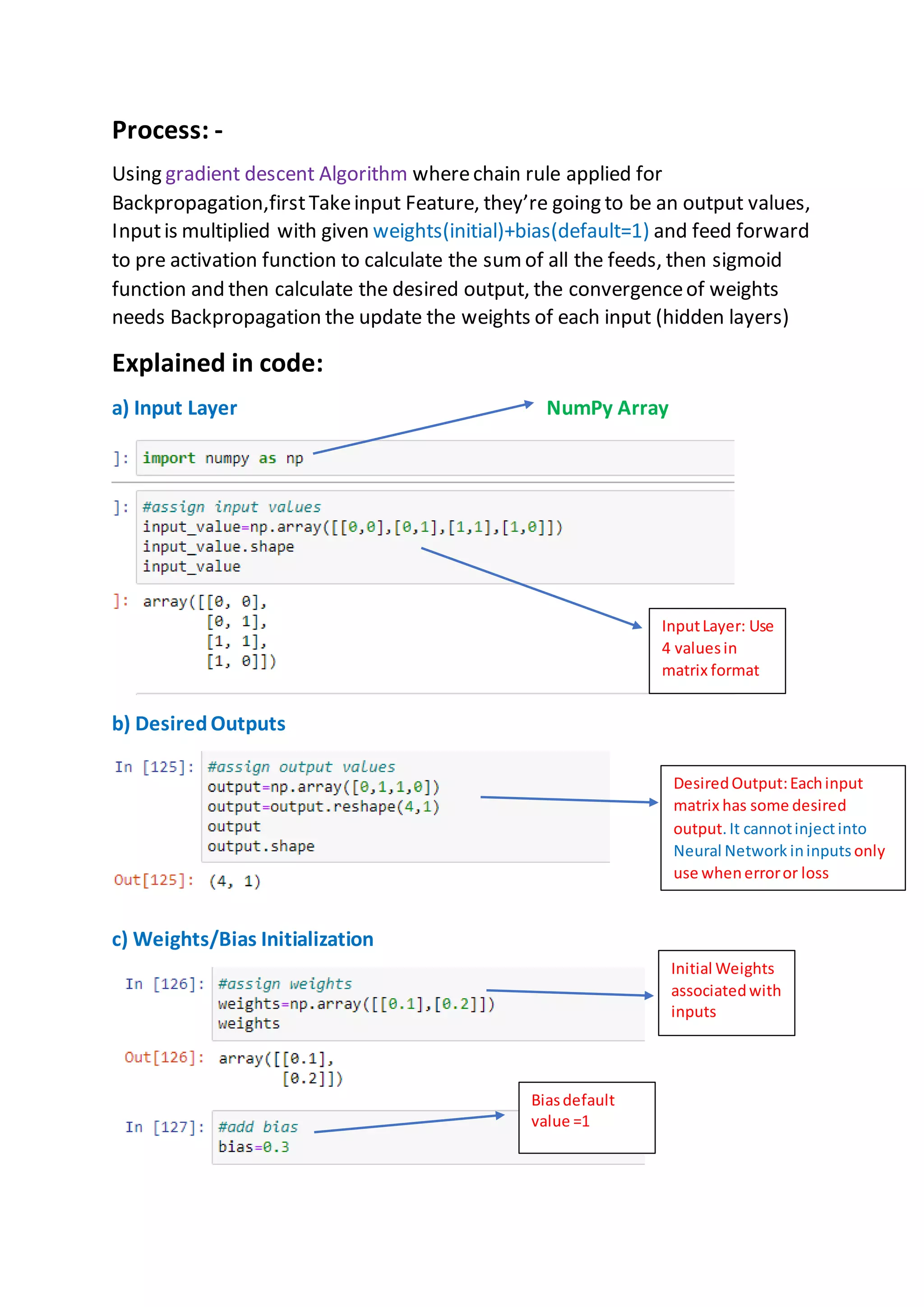 Process: -
Using gradient descent Algorithm wherechain rule applied for
Backpropagation,firstTakeinput Feature, they’re going to be an output values,
Inputis multiplied with given weights(initial)+bias(default=1) and feed forward
to pre activation function to calculate the sum of all the feeds, then sigmoid
function and then calculate the desired output, the convergenceof weights
needs Backpropagation the update the weights of each input (hidden layers)
Explained in code:
a) Input Layer NumPy Array
b) DesiredOutputs
c) Weights/Bias Initialization
InputLayer: Use
4 valuesin
matrix format
DesiredOutput:Eachinput
matrix has some desired
output.It cannotinjectinto
Neural Network ininputs only
use whenerroror loss
calculation
Initial Weights
associatedwith
inputs
Biasdefault
value =1
 