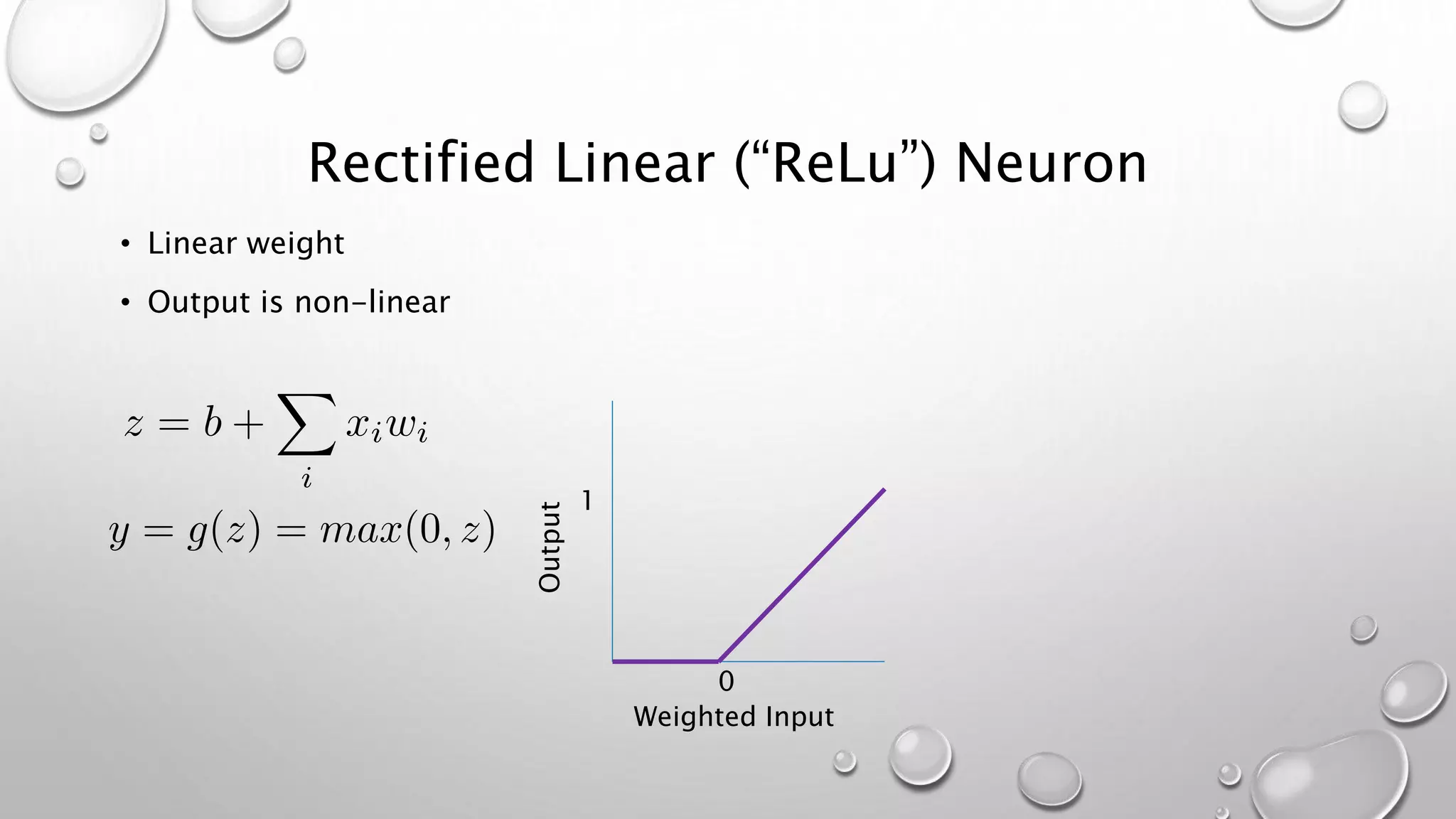 Rectified Linear (“ReLu”) Neuron
• Linear weight
• Output is non-linear
1
0
Output
Weighted Input
 