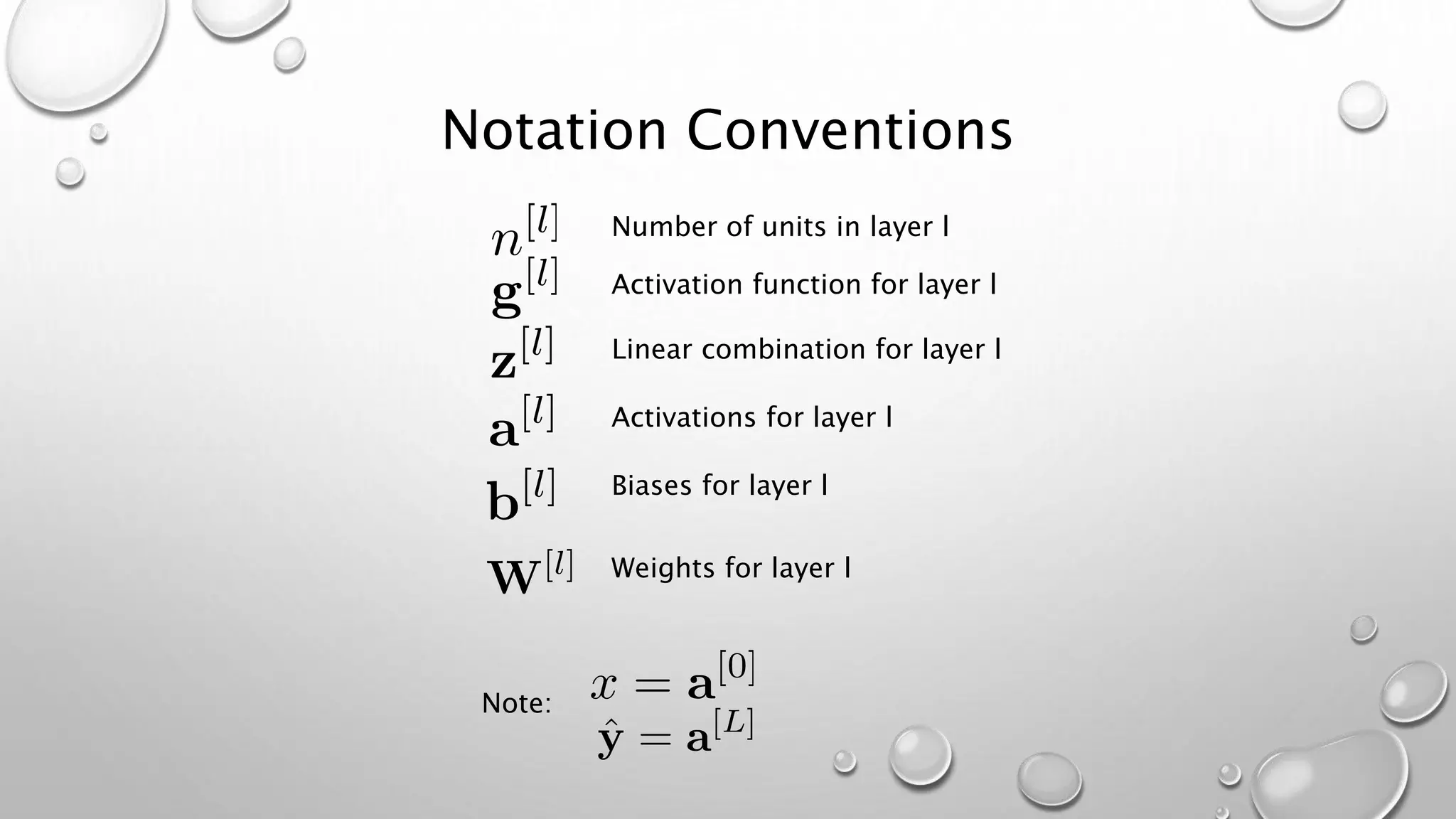 Notation Conventions
Number of units in layer l
Activation function for layer l
Linear combination for layer l
Activations for layer l
Biases for layer l
Weights for layer l
Note:
 
