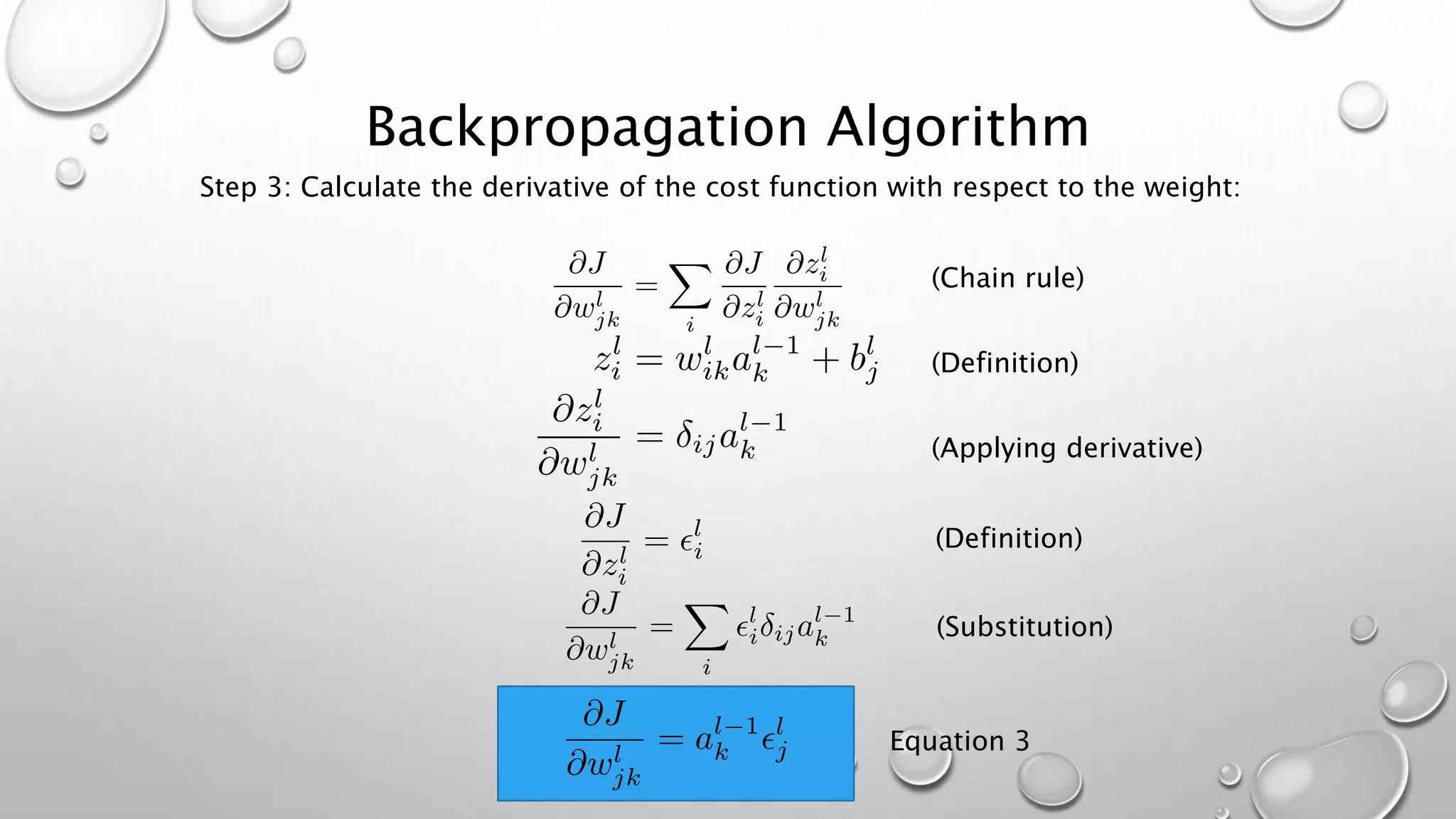 Backpropagation Algorithm
Step 3: Calculate the derivative of the cost function with respect to the weight:
Equation 3
(Chain rule)
(Definition)
(Applying derivative)
(Definition)
(Substitution)
 