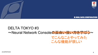 証券コード
6918
DELTA TOKYO #3
〜Neural Network Consoleの面白い使い方を学ぼう〜
12018年8月30日
でこんなことやってみた
こんな機能が欲しい
 