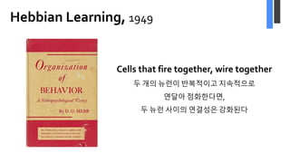 Hebbian Learning, 1949
Cells that fire together, wire together
두 개의 뉴런이 반복적이고 지속적으로
연달아 점화한다면,
두 뉴런 사이의 연결성은 강화된다
 