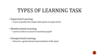  Supervised Learning
 Learn to predict the output when given an input vector
 Reinforcement Learning
 Learn to select an action to maximize payoff
 Unsupervised Learning
 Discover a good internal representation of the input
 