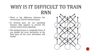  There is big difference between the
forward pass and the backward pass
 In forward pass, we use squashing
function (like logistic) to prevent the
activity vectors from exploding
 The backward pass is completely linear. If
you double the error derivatives at the
final layer, all the error derivatives will
double
 