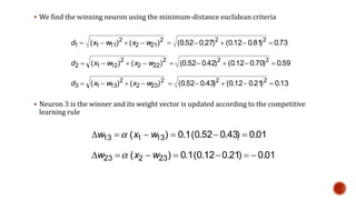 We find the winning neuron using the minimum-distance euclidean criteria
 Neuron 3 is the winner and its weight vector is updated according to the competitive
learning rule
2
212
2
1111 )()( wxwxd  73.0)81.012.0()27.052.0( 22

2
222
2
1212 )()( wxwxd  59.0)70.012.0()42.052.0( 22

2
232
2
1313 )()( wxwxd  13.0)21.012.0()43.052.0( 22

0.01)43.052.0(1.0)( 13113 D wxw
0.01)21.012.0(1.0)( 23223 D wxw
 
