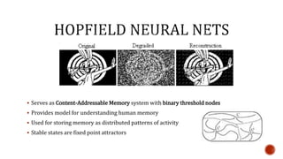  Serves as Content-Addressable Memory system with binary threshold nodes
 Provides model for understanding human memory
 Used for storing memory as distributed patterns of activity
 Stable states are fixed point attractors
 