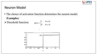 Neuron Model
• The choice of activation function determines the neuron model.
Examples:
➢Threshold function:



=
0
1
)
(v

if v ≥ 0
if v < 0
 