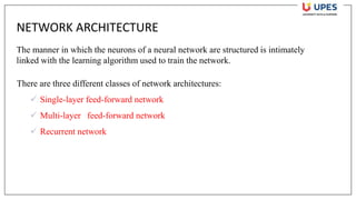 NETWORK ARCHITECTURE
There are three different classes of network architectures:
✓ Single-layer feed-forward network
✓ Multi-layer feed-forward network
✓ Recurrent network
The manner in which the neurons of a neural network are structured is intimately
linked with the learning algorithm used to train the network.
 