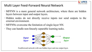 Multi Layer Feed-Forward Neural Network
• MFFNN is a more general network architecture, where there are hidden
layers between input and output layers.
• Hidden nodes do not directly receive inputs nor send outputs to the
external environment.
• MFFNNs overcome the limitation of single-layer NN.
• They can handle non-linearly separable learning tasks.
Input
layer
Output
layer
Feedforward network with one hidden layer and one output layer.
 