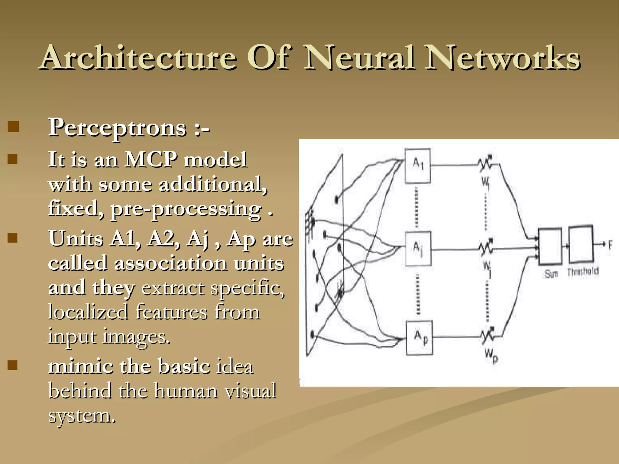Architecture Of Neural Networks Perceptrons :- It is an MCP model with some additional, fixed, pre-processing . Units A1, A2, Aj , Ap are called association units and they  extract specific, localized features from input images.  mimic the basic  idea behind the human visual system.  