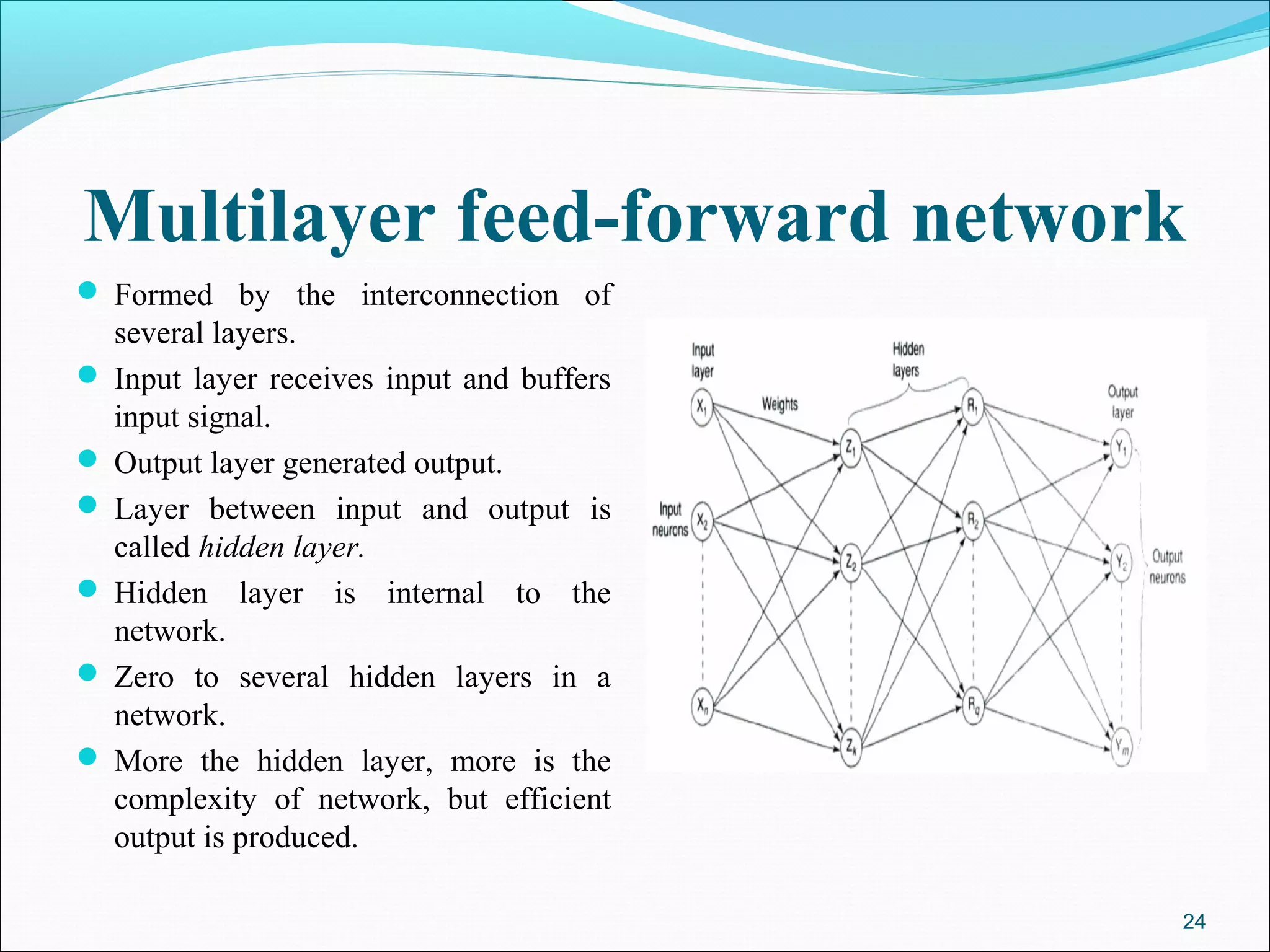 Multilayer feed-forward network
 Formed by the interconnection of
  several layers.
 Input layer receives input and buffers
  input signal.
 Output layer generated output.
 Layer between input and output is
  called hidden layer.
 Hidden layer is internal to the
  network.
 Zero to several hidden layers in a
  network.
 More the hidden layer, more is the
  complexity of network, but efficient
  output is produced.

                                           24
 