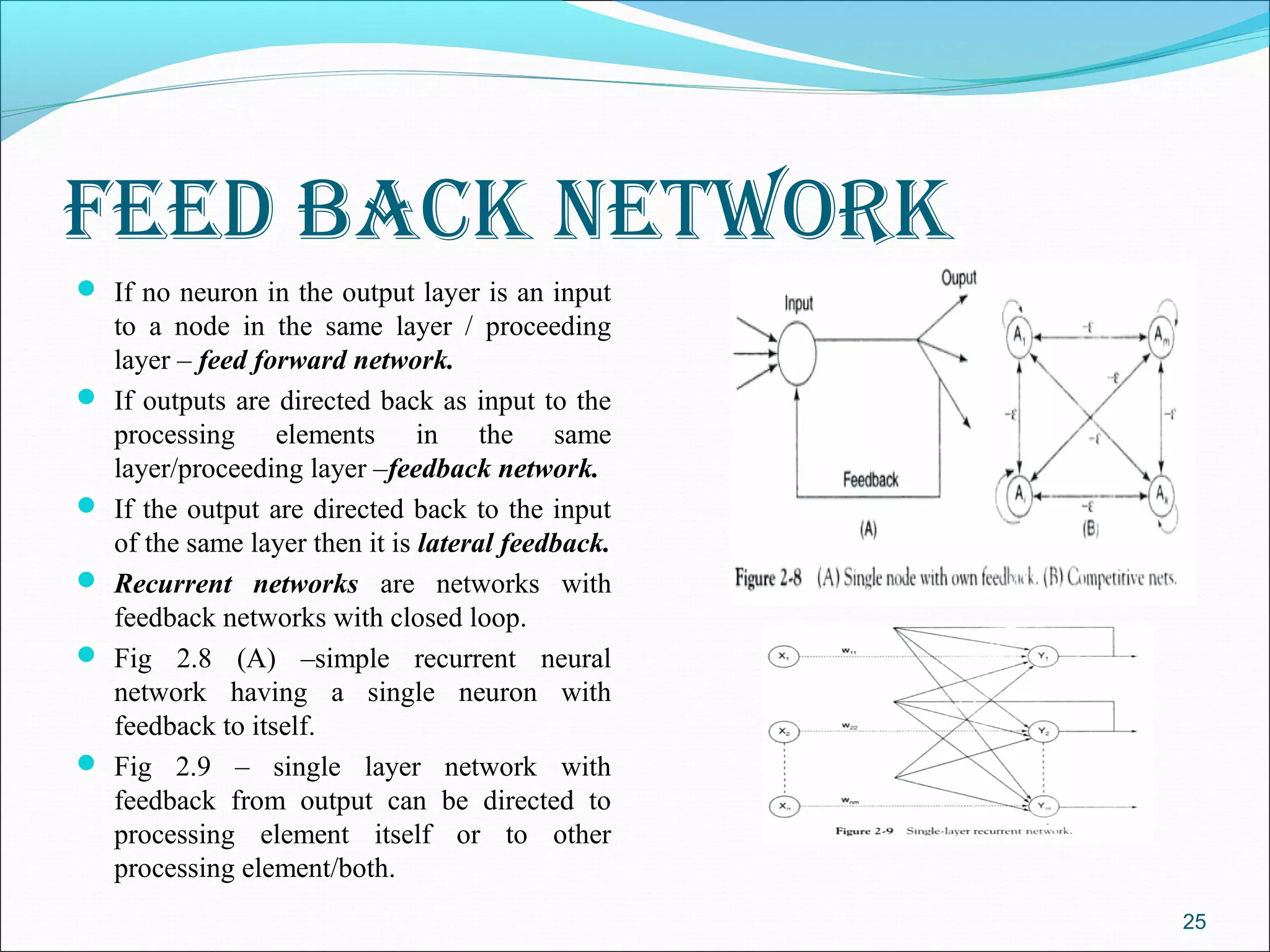 Feed back network
 If no neuron in the output layer is an input
    to a node in the same layer / proceeding
    layer – feed forward network.
   If outputs are directed back as input to the
    processing elements in the same
    layer/proceeding layer –feedback network.
   If the output are directed back to the input
    of the same layer then it is lateral feedback.
   Recurrent networks are networks with
    feedback networks with closed loop.
   Fig 2.8 (A) –simple recurrent neural
    network having a single neuron with
    feedback to itself.
   Fig 2.9 – single layer network with
    feedback from output can be directed to
    processing element itself or to other
    processing element/both.
                                                     25
 