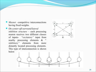  Maxnet –competitive interconnections
  having fixed weights.
 On-center-off-surround/lateral
  inhibiton structure – each processing
  neuron receives two different classes
  of inputs- “excitatory” input from
  nearby processing elements & “
  inhibitory” elements from more
  distantly located precessing elements.
  This type of interconnection is shown
  below




                                           26
 