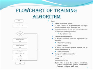 FlowChart oF traInIng
     algorIthm
            Steps:
                0: First initialize the weights.
                1: Steps 2-4 have to be performed for each input
                 training vector and target output pair, s:t
                2: Input activations are set. The activation function
                 for input layer is identity function.
                        X =S for i=1 to n
                             i  i

                3: Output activations are set.
                4: Weight adjustment and bias adjustments are
                   performed.
                    W (new) = w (old)+x y
                         i      i       i

                      b(new)=b(old)+y
                      

                In step 4, the weight updation formula can be
                 written in vector form as
                   w(new)=w(old)+y.

                Change in weight is expressed as
                   Δw=xy

                  Hence,
                  w(new)=w(old)+Δw
                  Hebb rule is used for pattern association,
                      pattern categorization, pattern classification
                      and over a range of other areas
                                                                   47
 