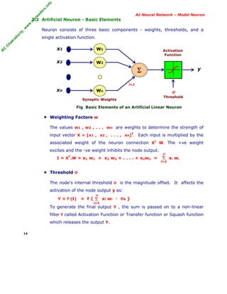 R
C
C
hakraborty,w
w
w
.m
yreaders.info
AI-Neural Network – Model Neuron
2.2 Artificial Neuron - Basic Elements
Neuron consists of three basic components - weights, thresholds, and a
single activation function.
Fig Basic Elements of an Artificial Linear Neuron
■ Weighting Factors w
The values w1 , w2 , . . . wn are weights to determine the strength of
input vector X = [x1 , x2 , . . . , xn]
T
. Each input is multiplied by the
associated weight of the neuron connection XT
W. The +ve weight
excites and the -ve weight inhibits the node output.
I = X
T
.W = x1 w1 + x2 w2 + . . . . + xnwn = xi wi
■ Threshold Φ
The node’s internal threshold Φ is the magnitude offset. It affects the
activation of the node output y as:
Y = f (I) = f { xi wi - Φk }
To generate the final output Y , the sum is passed on to a non-linear
filter f called Activation Function or Transfer function or Squash function
which releases the output Y.
14
W1
Σ
W2
Wn
x1
x2
xn
Activation
Function
i=1
Synaptic Weights
Φ
Threshold
y
Σ
i=1
n
Σ
i=1
n
 