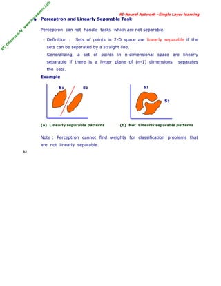 R
C
C
hakraborty,w
w
w
.m
yreaders.info
AI-Neural Network –Single Layer learning
• Perceptron and Linearly Separable Task
Perceptron can not handle tasks which are not separable.
- Definition : Sets of points in 2-D space are linearly separable if the
sets can be separated by a straight line.
- Generalizing, a set of points in n-dimensional space are linearly
separable if there is a hyper plane of (n-1) dimensions separates
the sets.
Example
S1 S2 S1
S2
(a) Linearly separable patterns (b) Not Linearly separable patterns
Note : Perceptron cannot find weights for classification problems that
are not linearly separable.
32
 