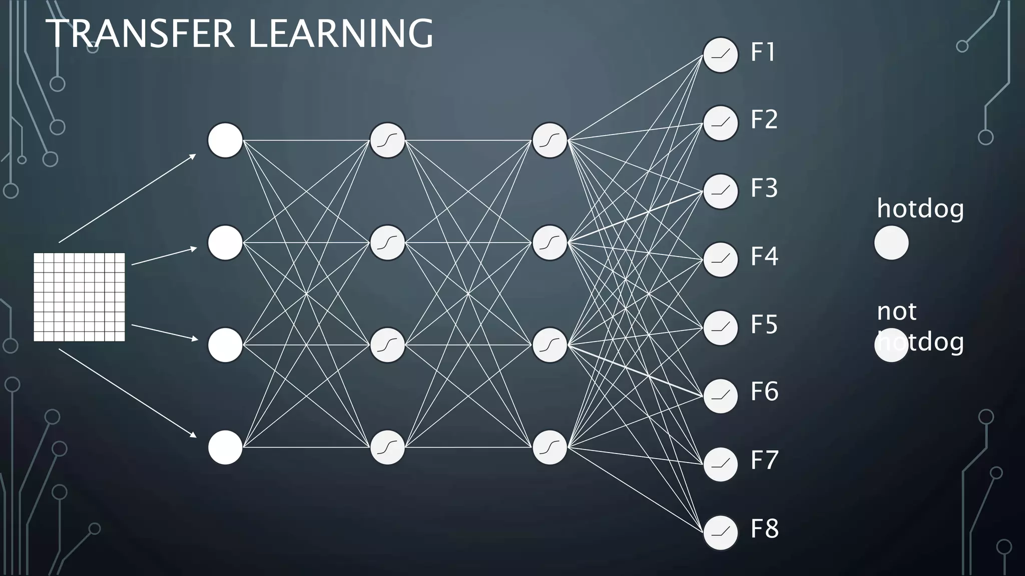 TRANSFER LEARNING
hotdog
not
hotdog
F1
F2
F3
F4
F5
F6
F7
F8
 