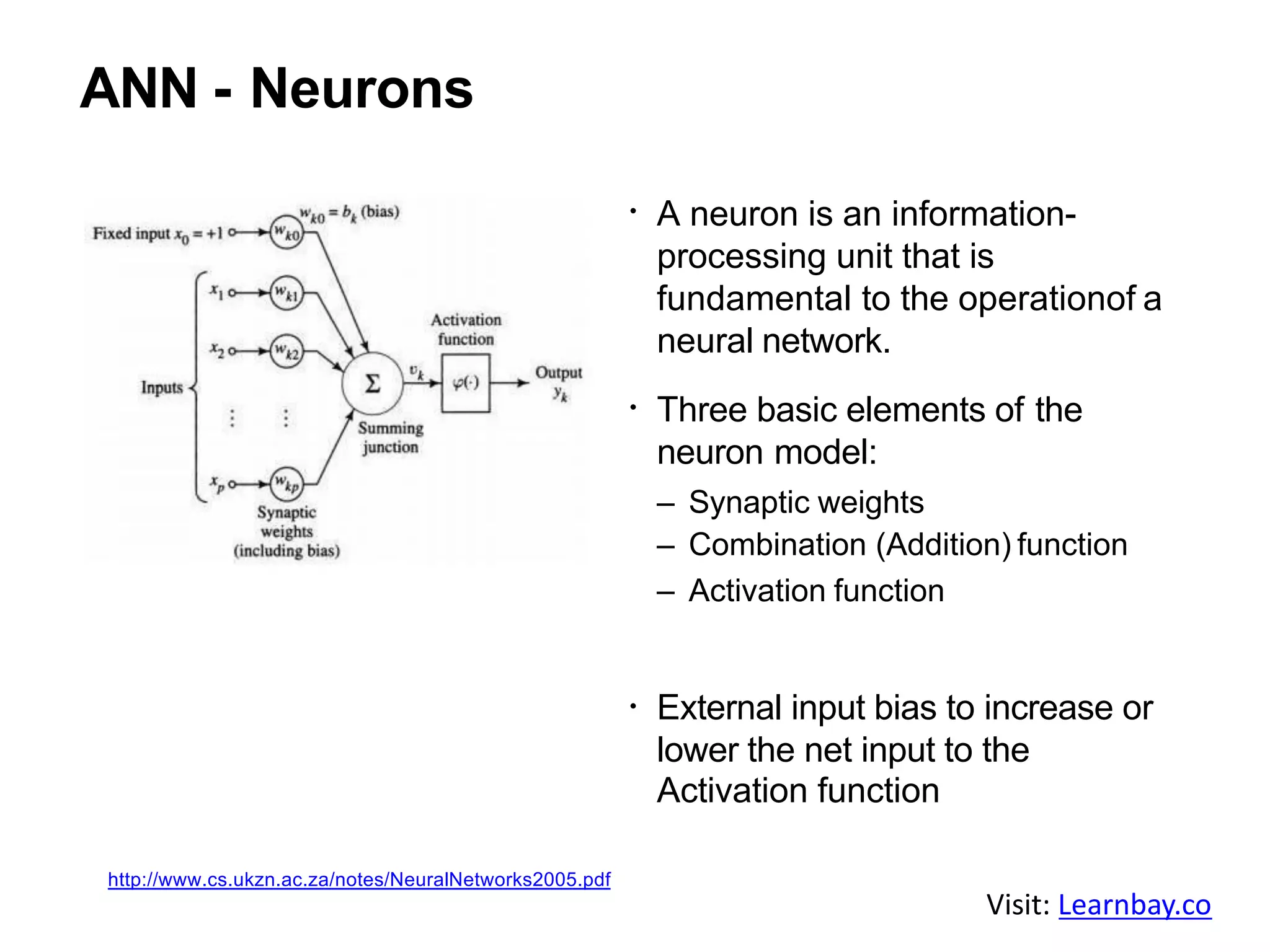 ANN - Neurons
A neuron is an information-
processing unit that is
fundamental to the operationof a
neural network.
Three basic elements of the
neuron model:
– Synaptic weights
– Combination (Addition) function
– Activation function
External input bias to increase or
lower the net input to the
Activation function
http://www.cs.ukzn.ac.za/notes/NeuralNetworks2005.pdf
Visit: Learnbay.co
 