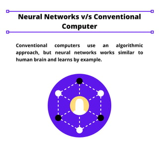 Conventional computers use an algorithmic
approach, but neural networks works similar to
human brain and learns by example.
Neural Networks v/s Conventional
Computer
 