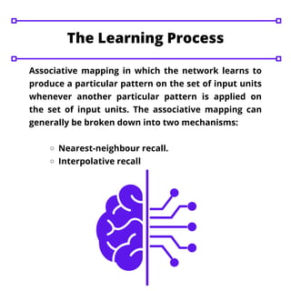 Nearest-neighbour recall.
Interpolative recall
Associative mapping in which the network learns to
produce a particular pattern on the set of input units
whenever another particular pattern is applied on
the set of input units. The associative mapping can
generally be broken down into two mechanisms:
The Learning Process
 