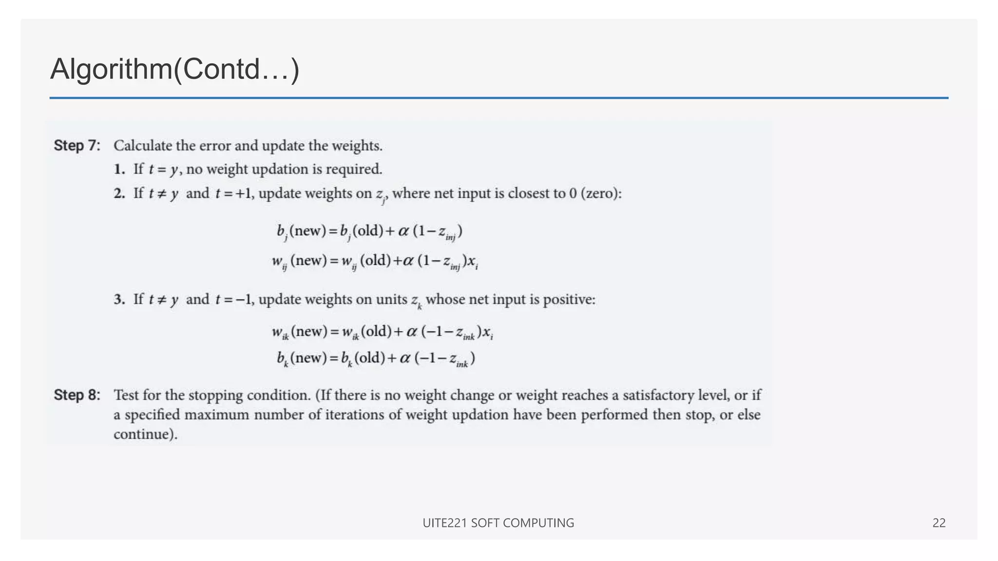 Algorithm(Contd…)
UITE221 SOFT COMPUTING 22
 