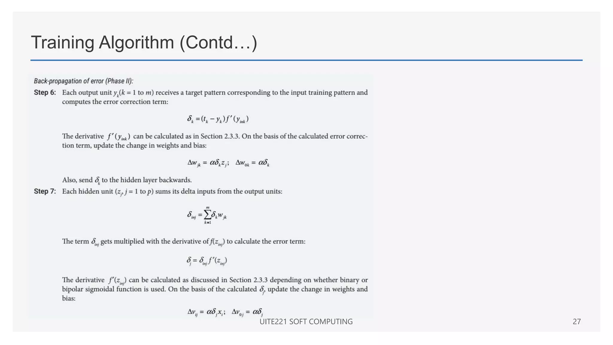 Training Algorithm (Contd…)
UITE221 SOFT COMPUTING 27
 