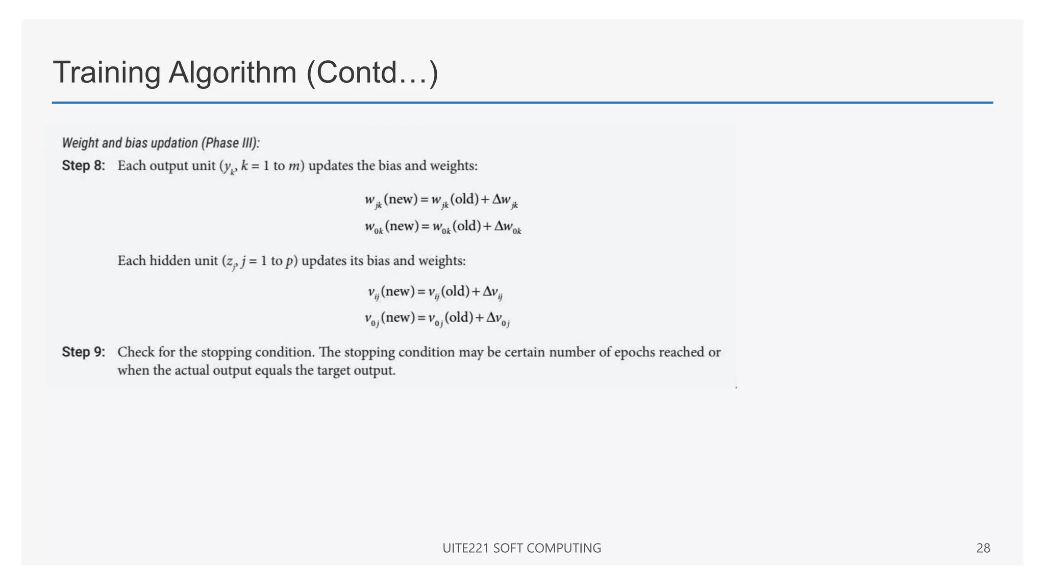 Training Algorithm (Contd…)
UITE221 SOFT COMPUTING 28
 