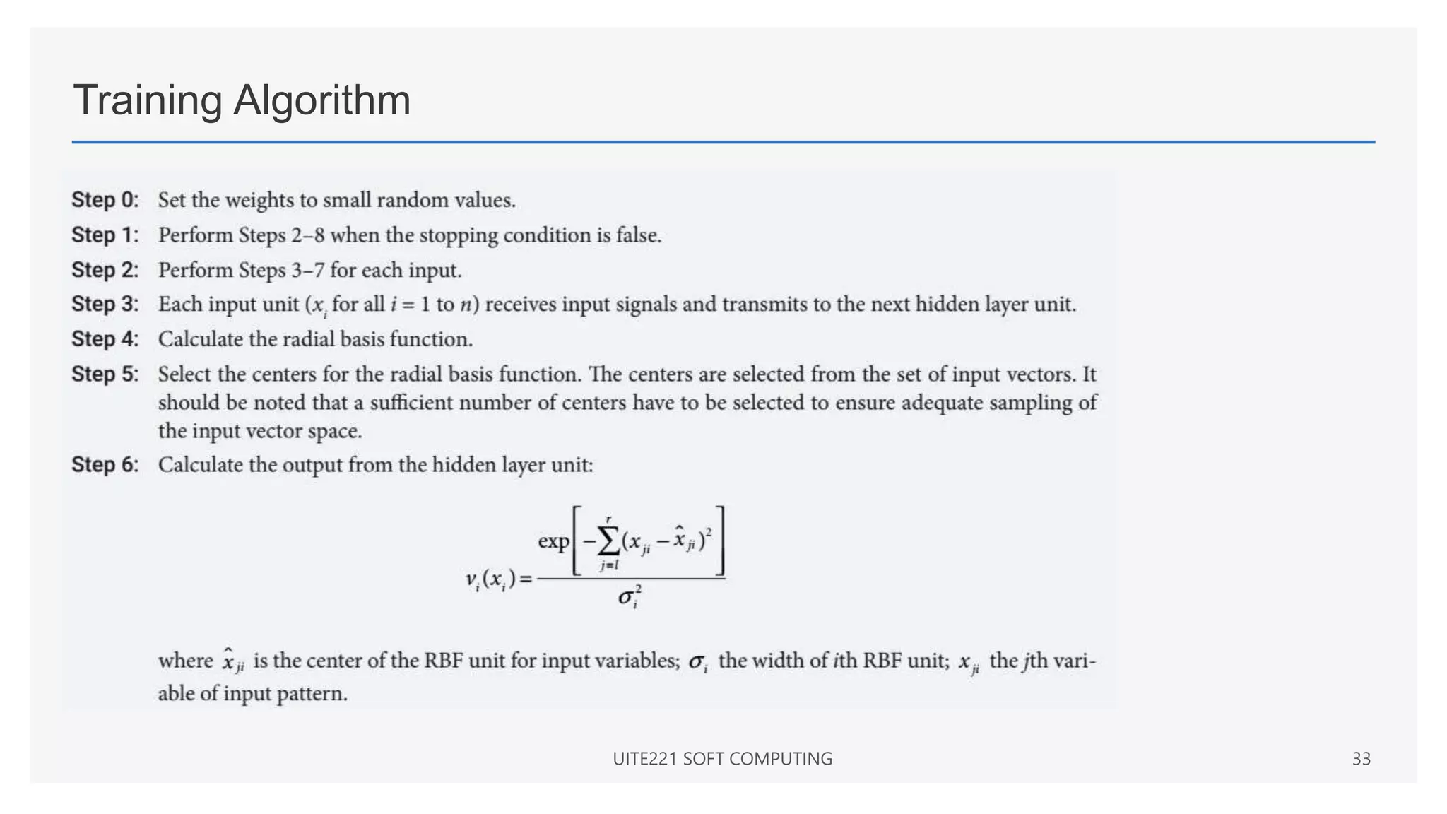 Training Algorithm
UITE221 SOFT COMPUTING 33
 