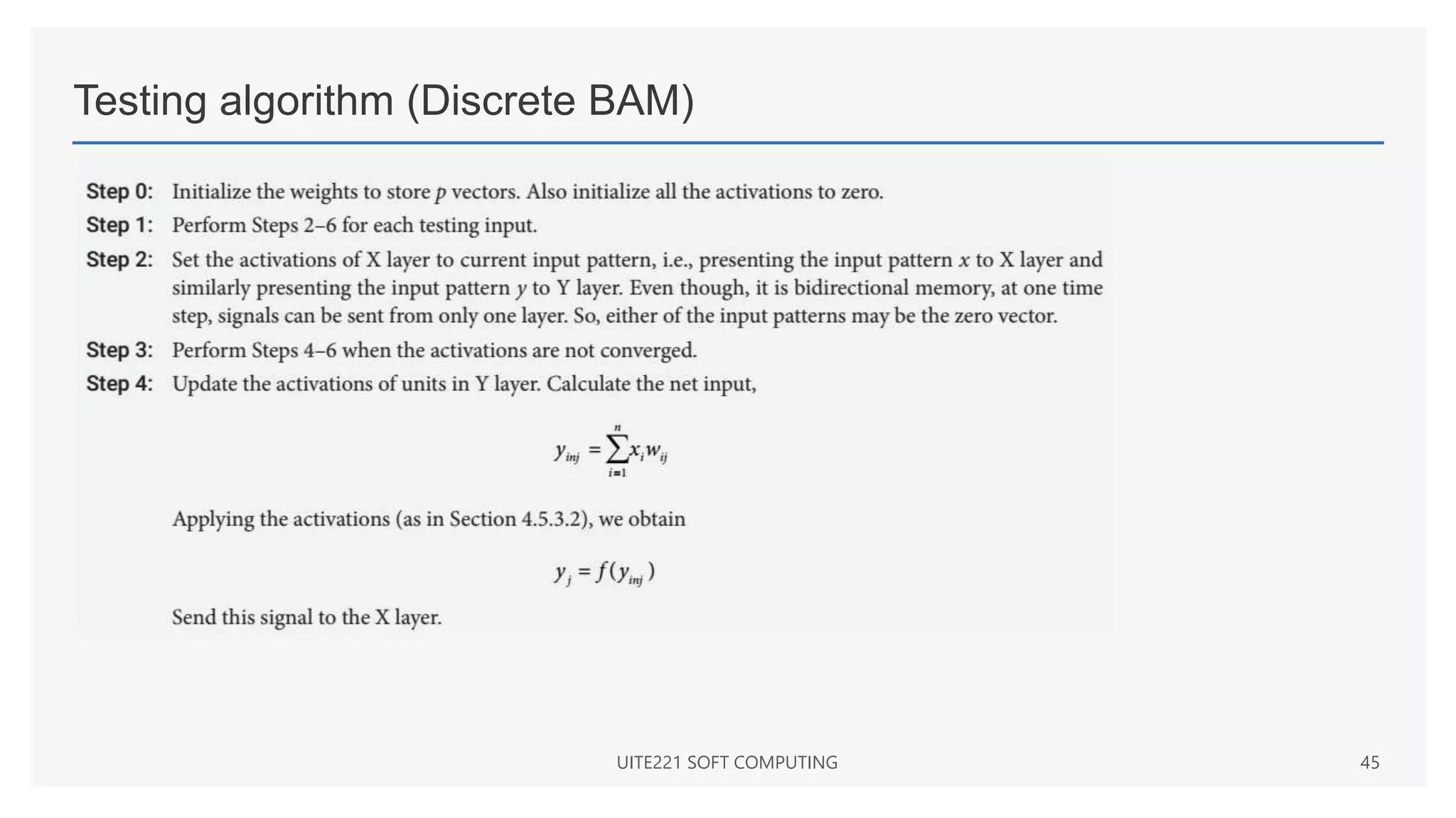 Testing algorithm (Discrete BAM)
UITE221 SOFT COMPUTING 45
 
