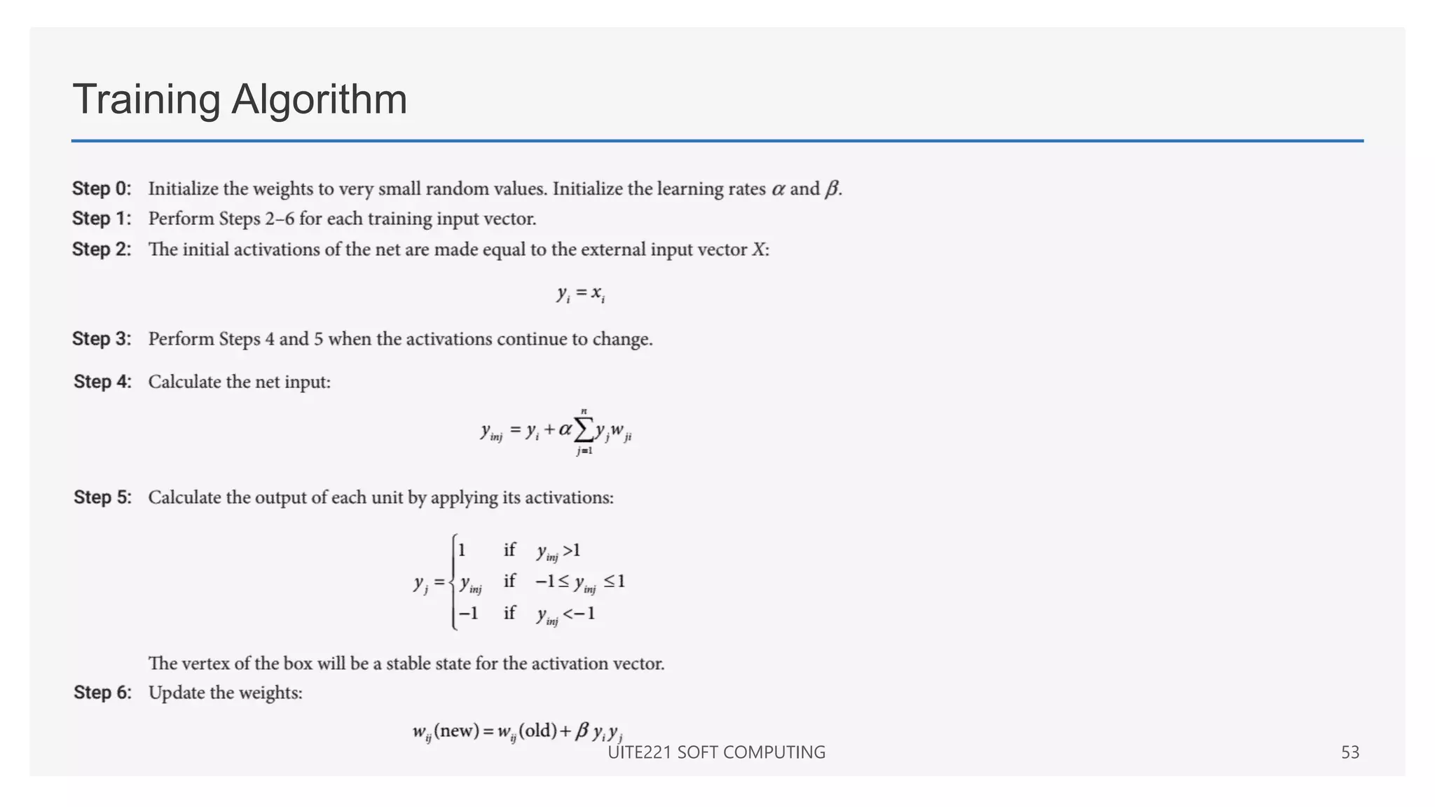 Training Algorithm
UITE221 SOFT COMPUTING 53
 