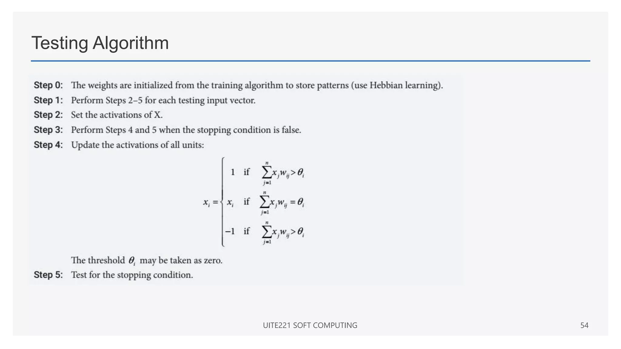 Testing Algorithm
UITE221 SOFT COMPUTING 54
 