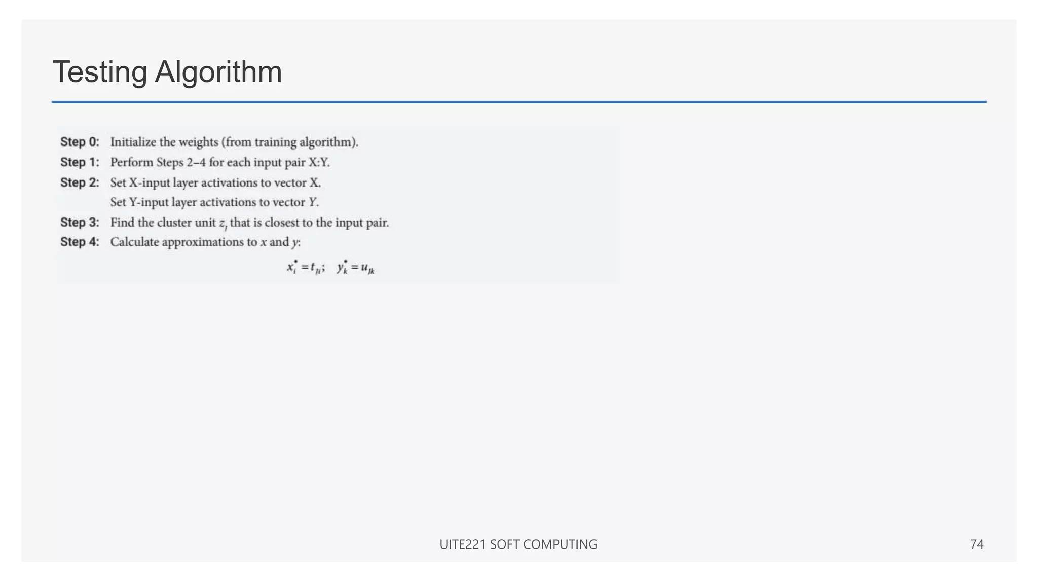 Testing Algorithm
UITE221 SOFT COMPUTING 74
 