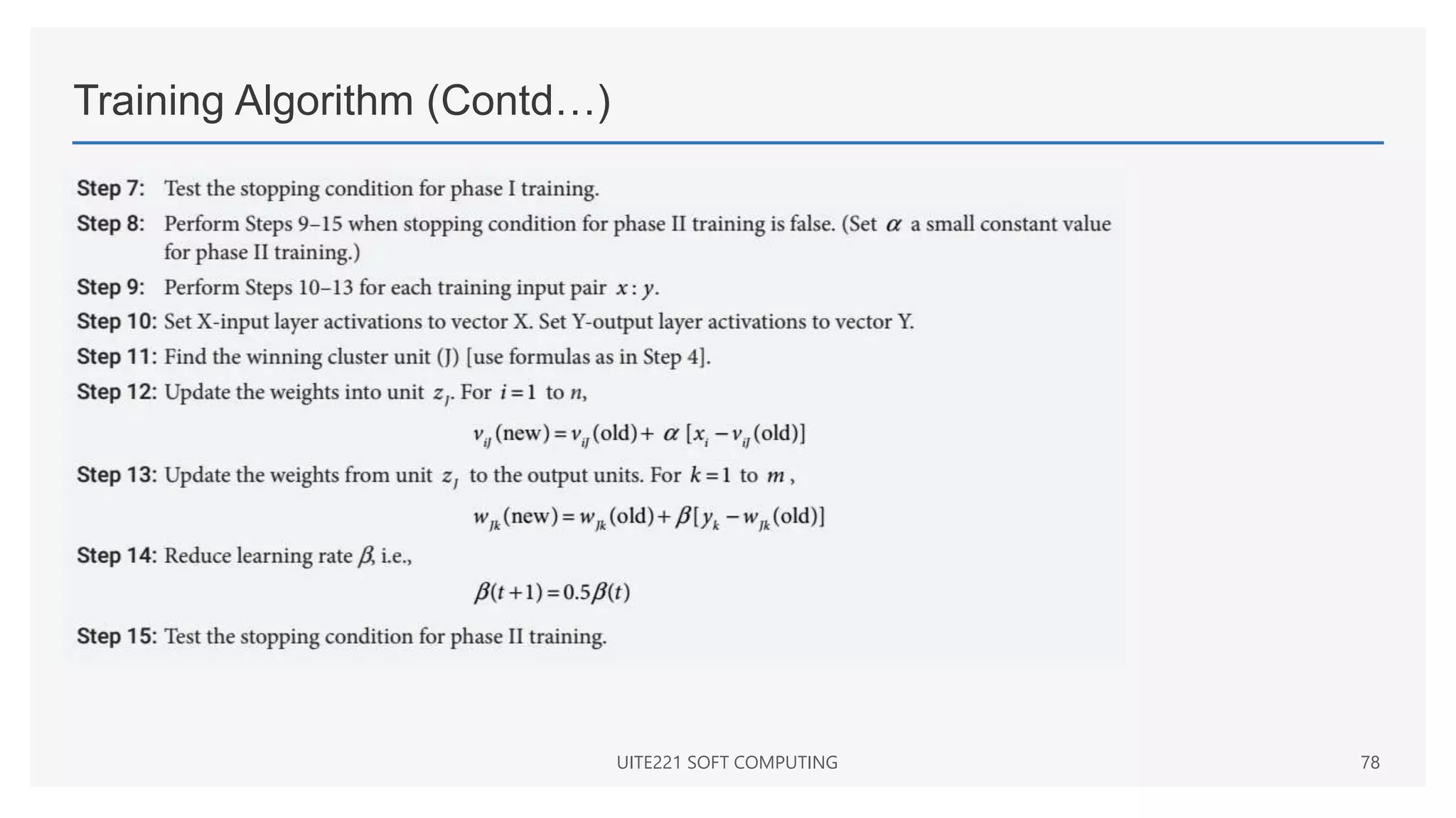 Training Algorithm (Contd…)
UITE221 SOFT COMPUTING 78
 