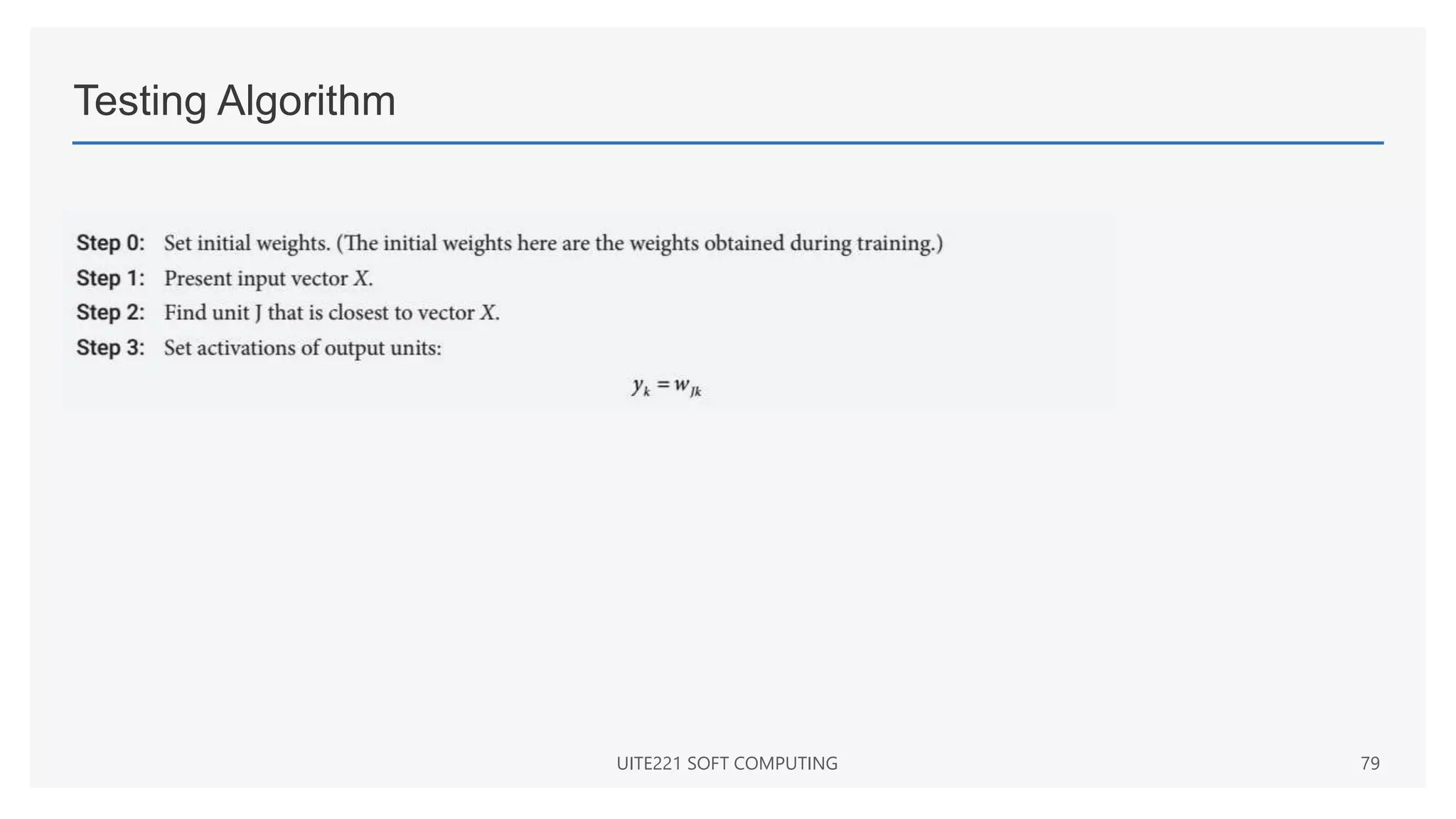 Testing Algorithm
UITE221 SOFT COMPUTING 79
 