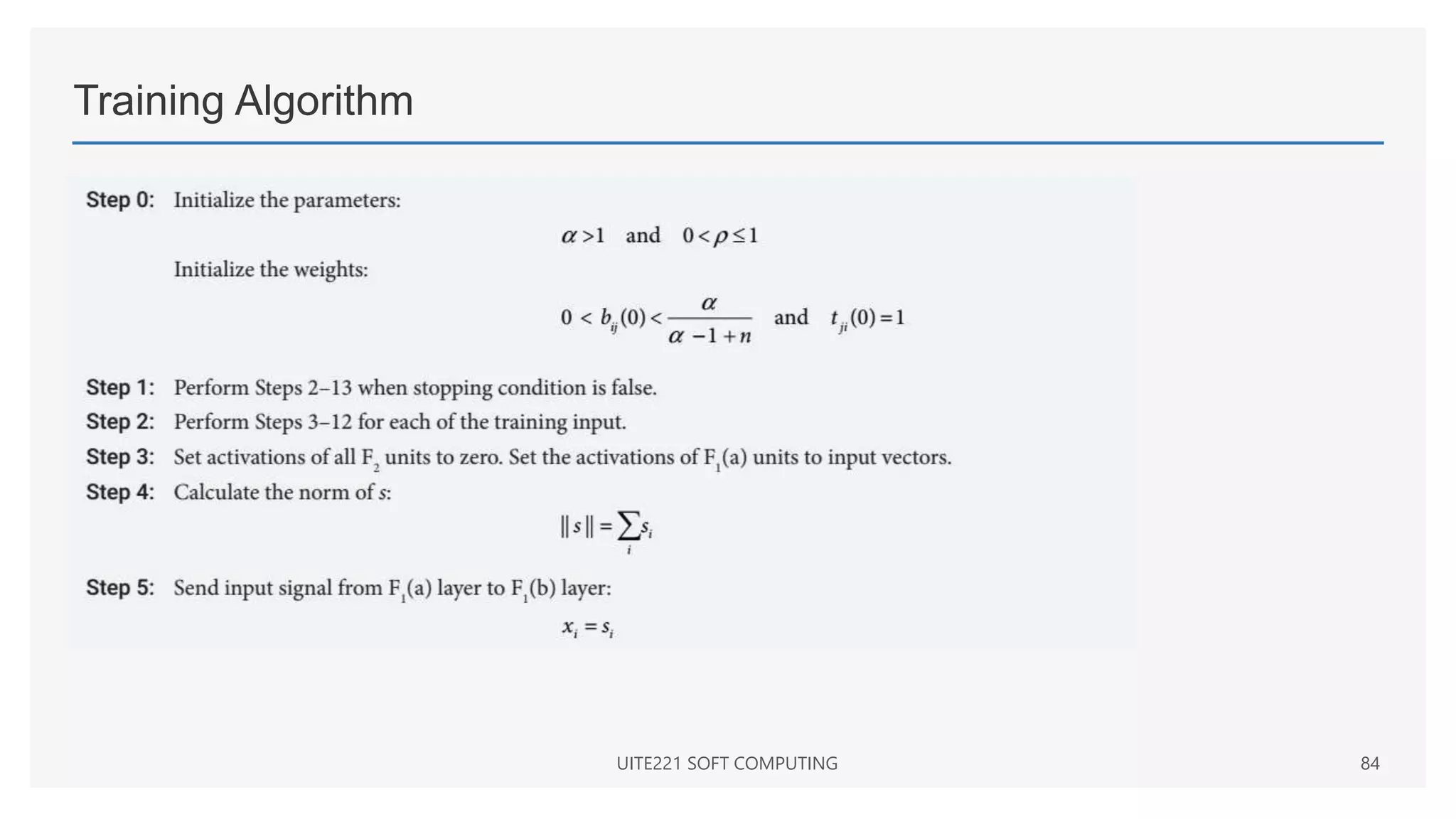 Training Algorithm
UITE221 SOFT COMPUTING 84
 
