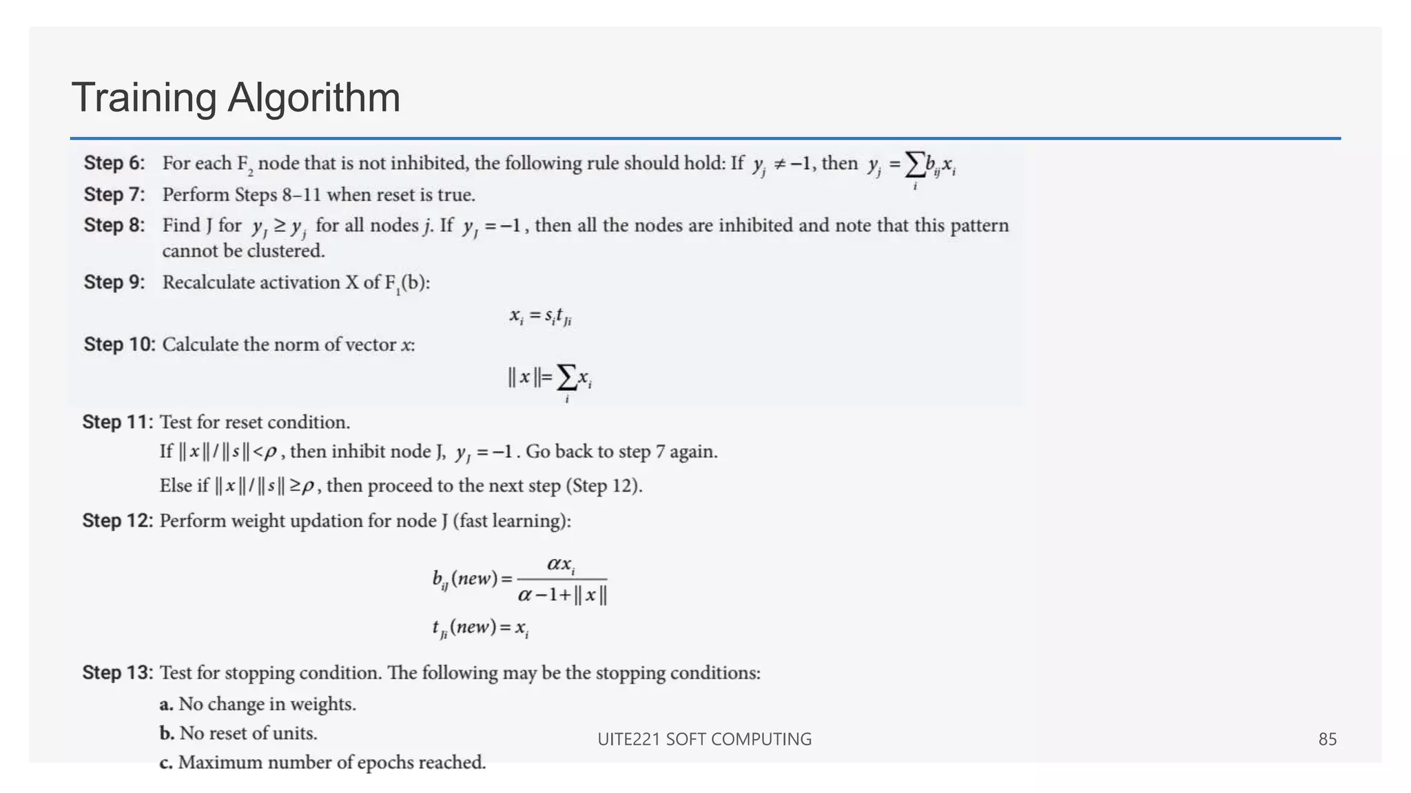 Training Algorithm
UITE221 SOFT COMPUTING 85
 