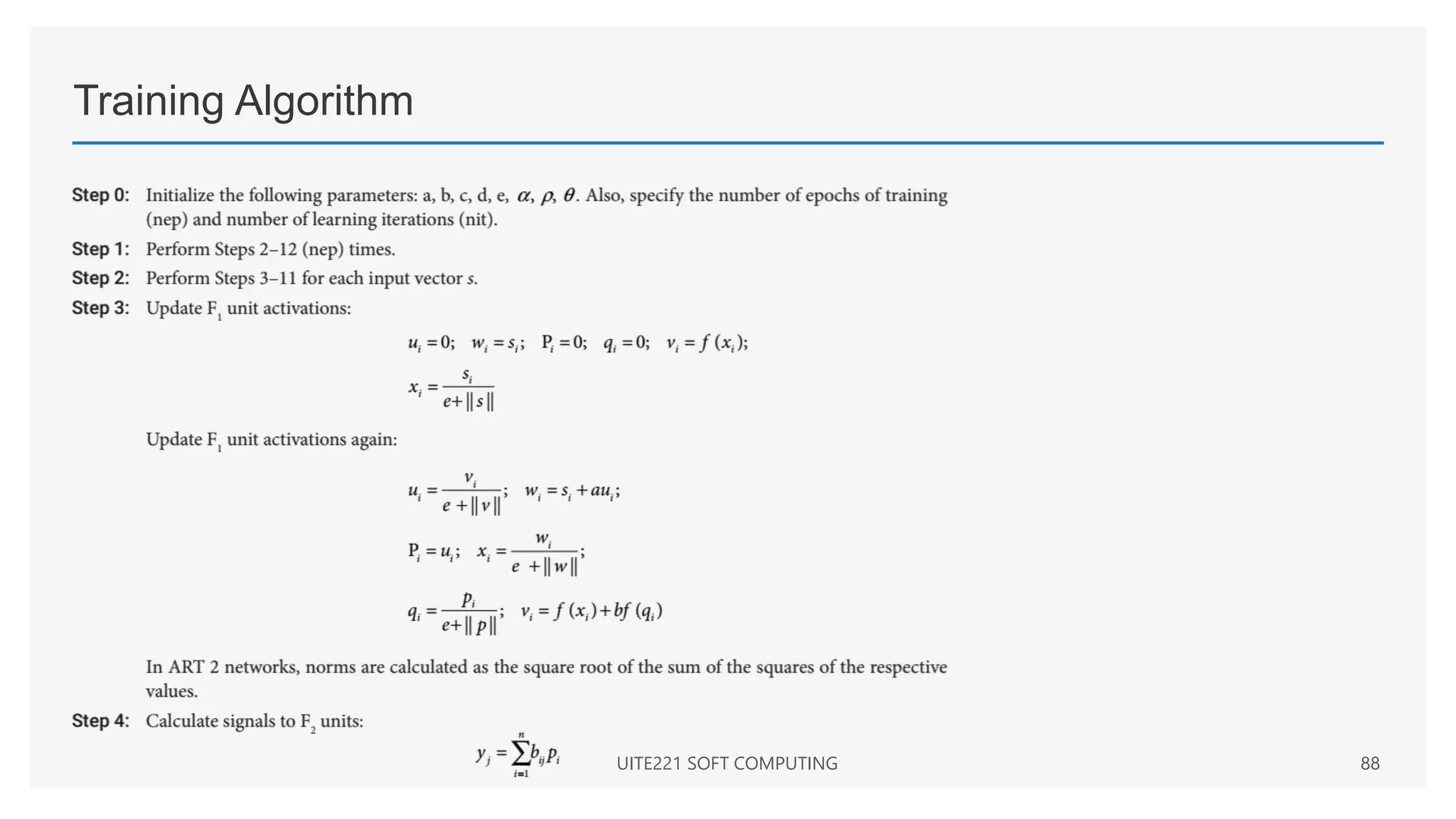 Training Algorithm
UITE221 SOFT COMPUTING 88
 