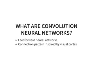WHAT ARE CONVOLUTION
NEURAL NETWORKS?
Feedforward neural networks
Connection pattern inspired by visual cortex
 