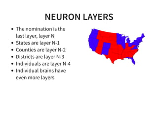 NEURON LAYERS
The nomination is the
last layer, layer N
States are layer N-1
Counties are layer N-2
Districts are layer N-3
Individuals are layer N-4
Individual brains have
even more layers
 