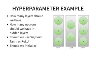 HYPERPARAMETER EXAMPLE
How many layers should
we have
How many neurons
should we have in
hidden layers
Should we use Sigmoid,
Tanh, or ReLU
Should we initialize
 