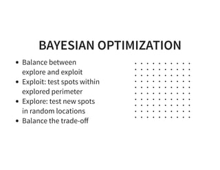 BAYESIAN OPTIMIZATION
Balance between
explore and exploit
Exploit: test spots within
explored perimeter
Explore: test new spots
in random locations
Balance the trade-oﬀ
 