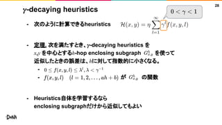 𝛾-decaying heuristics
- 次のように計算できるheuristics
- 定理. 次を満たすとき、𝛾-decaying heuristics を
x,y を中心とするh-hop enclosing subgraph を使って
近似したときの誤差は、hに対して指数的に小さくなる。
-
- が の関数
- Heuristics自体を学習するなら
enclosing subgraphだけから近似してもよい
28
 