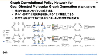 Graph Convolutional Policy Network for
Goal-Directed Molecular Graph Generation [You+, NIPS’18]
- 強化学習を用いたグラフ生成を提案
- ドメイン固有の目的関数を報酬とすることで最適化できる
- 既存手法に比べて高いvalidity とよりよい目的関数の最適化
33
http://papers.nips.cc/paper/7877-graph-convolutional-policy-network-for-goal-directed-molecular-graph-generation.pdf
 