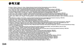 参考文献
W. Huang, T. Zhang, Y. Rong, and J. Huang, “Adaptive Sampling Towards Fast Graph Representation Learning,” NIPS 2018.
Y. Li and A. Gupta, “Beyond Grids: Learning Graph Representations for Visual Recognition,” NIPS 2018.
Z. Li, Q. Chen, and V. Koltun, “Combinatorial Optimization with Graph Convolutional Networks and Guided Tree Search,” NIPS 2018.
T. Ma, J. Chen, and C. Xiao, “Constrained Generation of Semantically Valid Graphs via Regularizing Variational Autoencoders,” NIPS 2018.
Q. Liu, M. Allamanis, M. Brockschmidt, and A. Gaunt, “Constrained Graph Variational Autoencoders for Molecule Design,” NIPS 2018.
W. Hamilton, P. Bajaj, M. Zitnik, D. Jurafsky, and J. Leskovec, “Embedding Logical Queries on Knowledge Graphs,” NIPS 2018.
J. You, B. Liu, Z. Ying, V. Pande, and J. Leskovec, “Graph Convolutional Policy Network for Goal-Directed Molecular Graph Generation,” NIPS 2018.
M. Simonovsky and N. Komodakis, “GraphVAE: Towards Generation of Small Graphs Using Variational Autoencoders,” arXiv:1802.03480 [cs], Feb. 2018.
R. Ying, J. You, C. Morris, X. Ren, W. L. Hamilton, and J. Leskovec, “Hierarchical Graph Representation Learning with Differentiable Pooling,” NIPS 2018.
P. Ertl, R. Lewis, E. Martin, and V. Polyakov, “In silico generation of novel, drug-like chemical matter using the LSTM neural network,” arXiv:1712.07449 [cs, q-bio], Dec.
2017.
W. Norcliffe-Brown, S. Vafeias, and S. Parisot, “Learning Conditioned Graph Structures for Interpretable Visual Question Answering,” NIPS 2018.
A. Garcia Duran and M. Niepert, “Learning Graph Representations with Embedding Propagation,” NIPS 2017.
M. Zhang and Y. Chen, “Link Prediction Based on Graph Neural Networks,” NIPS 2018.
S. Woo, D. Kim, D. Cho, and I. S. Kweon, “LinkNet: Relational Embedding for Scene Graph,” NIPS 2018.
R. Herzig, M. Raboh, G. Chechik, J. Berant, and A. Globerson, “Mapping Images to Scene Graphs with Permutation-Invariant Structured Prediction,” NIPS 2018.
M. Olivecrona, T. Blaschke, O. Engkvist, and H. Chen, “Molecular De Novo Design through Deep Reinforcement Learning,” arXiv:1704.07555 [cs], Apr. 2017.
E. J. Bjerrum and R. Threlfall, “Molecular Generation with Recurrent Neural Networks (RNNs),” arXiv:1705.04612 [cs, q-bio], May 2017.
S. Kearnes, K. McCloskey, M. Berndl, V. Pande, and P. Riley, “Molecular Graph Convolutions: Moving Beyond Fingerprints,” Journal of Computer-Aided Molecular Design,
vol. 30, no. 8, pp. 595–608, Aug. 2016.
Y. Li, L. Zhang, and Z. Liu, “Multi-Objective De Novo Drug Design with Conditional Graph Generative Model,” arXiv:1801.07299 [cs, q-bio], Jan. 2018.
A. Grover and J. Leskovec, “node2vec: Scalable Feature Learning for Networks,” KDD 2016.
M. Narasimhan, S. Lazebnik, and A. Schwing, “Out of the Box: Reasoning with Graph Convolution Nets for Factual Visual Question Answering,” NIPS 2018.
A. Newell and J. Deng, “Pixels to Graphs by Associative Embedding,” NIPS 2017.
M. Wang, Y. Tang, J. Wang, and J. Deng, “Premise Selection for Theorem Proving by Deep Graph Embedding,” NIPS 2017.
A. Fout, J. Byrd, B. Shariat, and A. Ben-Hur, “Protein Interface Prediction using Graph Convolutional Networks,” NIPS 2017.
T. N. Kipf and M. Welling, “Semi-Supervised Classification with Graph Convolutional Networks,” ICLR 2017.
S. M. Kazemi and D. Poole, “SimplE Embedding for Link Prediction in Knowledge Graphs,” NIPS 2018.
X. Liang, Z. Hu, H. Zhang, L. Lin, and E. P. Xing, “Symbolic Graph Reasoning Meets Convolutions,” NIPS 2018.
S. Abu-El-Haija, B. Perozzi, R. Al-Rfou, and A. A. Alemi, “Watch Your Step: Learning Node Embeddings via Graph Attention,” NIPS 2018.
M. Zhang, Z. Cui, M. Neumann, and Y. Chen, “An End-to-End Deep Learning Architecture for Graph Classification,” AAAI 2018.
F. Monti, M. Bronstein, and X. Bresson, “Geometric Matrix Completion with Recurrent Multi-Graph Neural Networks,” NIPS 2017.
E. Khalil, H. Dai, Y. Zhang, B. Dilkina, and L. Song, “Learning Combinatorial Optimization Algorithms over Graphs,” NIPS 2017.
W. Hamilton, Z. Ying, and J. Leskovec, “Inductive Representation Learning on Large Graphs,” NIPS 2017.
A. Garcia Duran and M. Niepert, “Learning Graph Representations with Embedding Propagation,” NIPS 2017.
50
 
